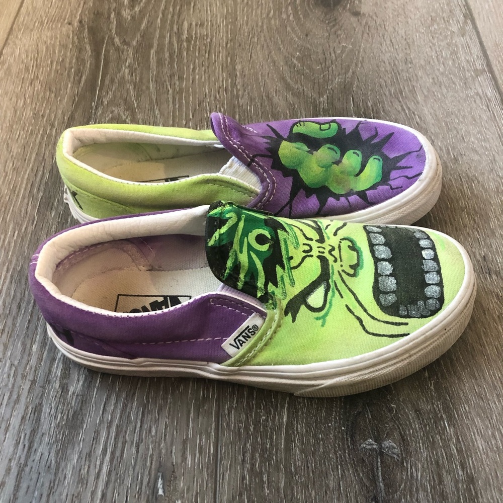 Vans Marvel Hulk Casual Hand Painted Skate Slip-on Shoes Kids Size 13 Smash